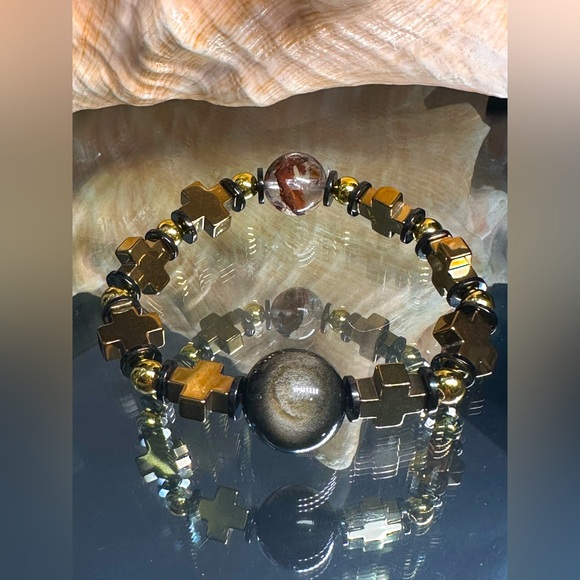 HEMATITE + GOLD OBSIDIAN + PHANTOM NATURAL STONES  BRACELET size 7” - Picture 4 of 15